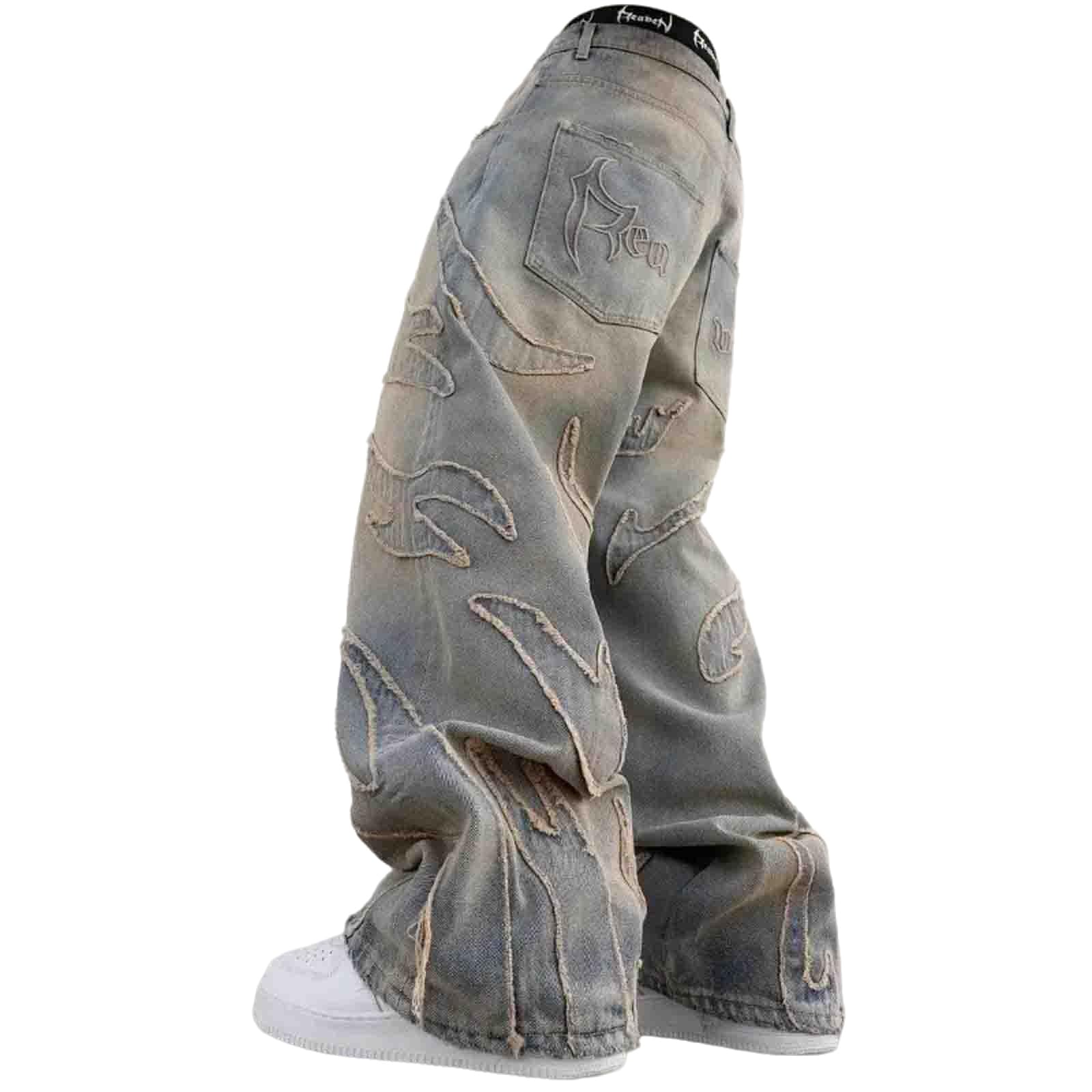 Photo 1 of Ethbox Y2K Men's Retro Flame Splicing Wide Leg Jeans Women's Gothic Straight Tube Loose Jeans (Mud Color, Large)