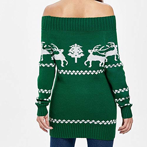 Women Off Shoulder Knitted Sweater Sweatshirt Christmas Tree Elk Print Pullovers Tops T-Shirt Dress Green