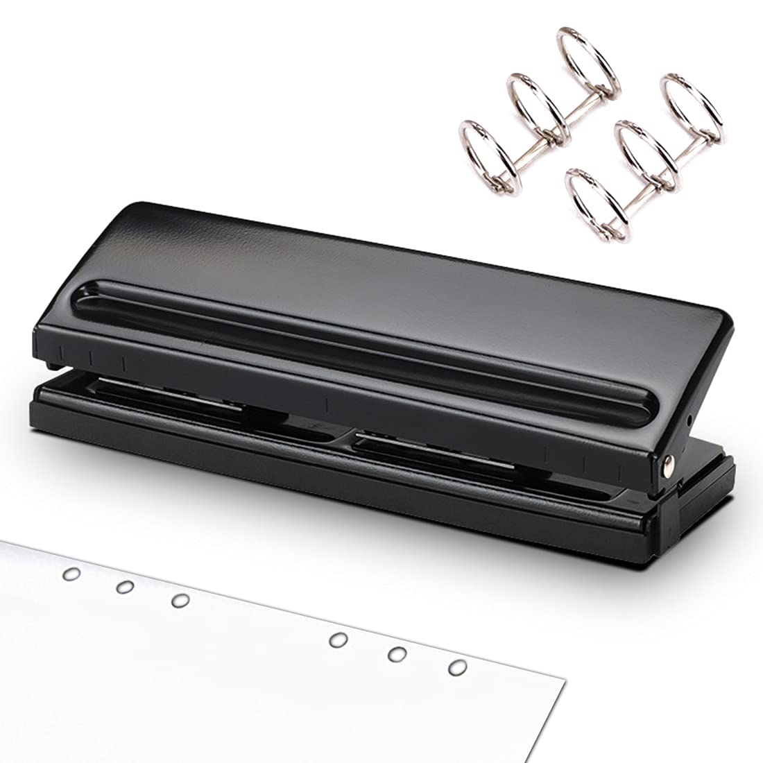 6 Compartment Hole Punch, 6-Hole Desktop Punch, Adjustable Spacing Hole Punch, Binder Puncher for A4, A5, A6, Paper Cards, Photo Binding, Hole Punch Machine, Black