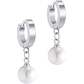 555Jewelry Stainless Steel Huggie Dangle Pearl, Onyx, Turquoise Earrings for Women