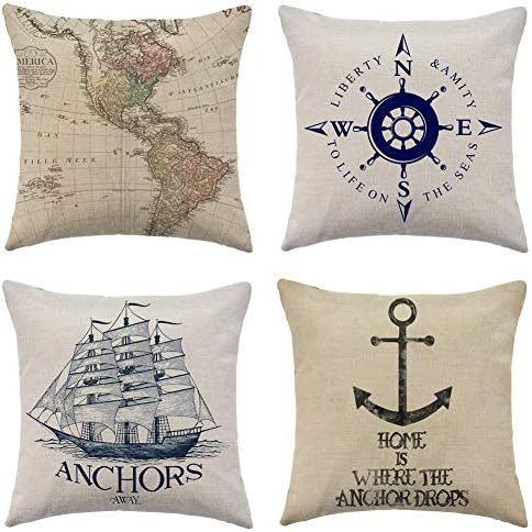 WFLOSUNVE Nautical Beach Decorative Throw Pillow Covers 18"x 18" Set of 4, Faux Linen Ocean Navigation Compass/Map/Ship/Anchor Cushion Cases, Sea Theme Coastal Pillowcases for Couch and Sofa