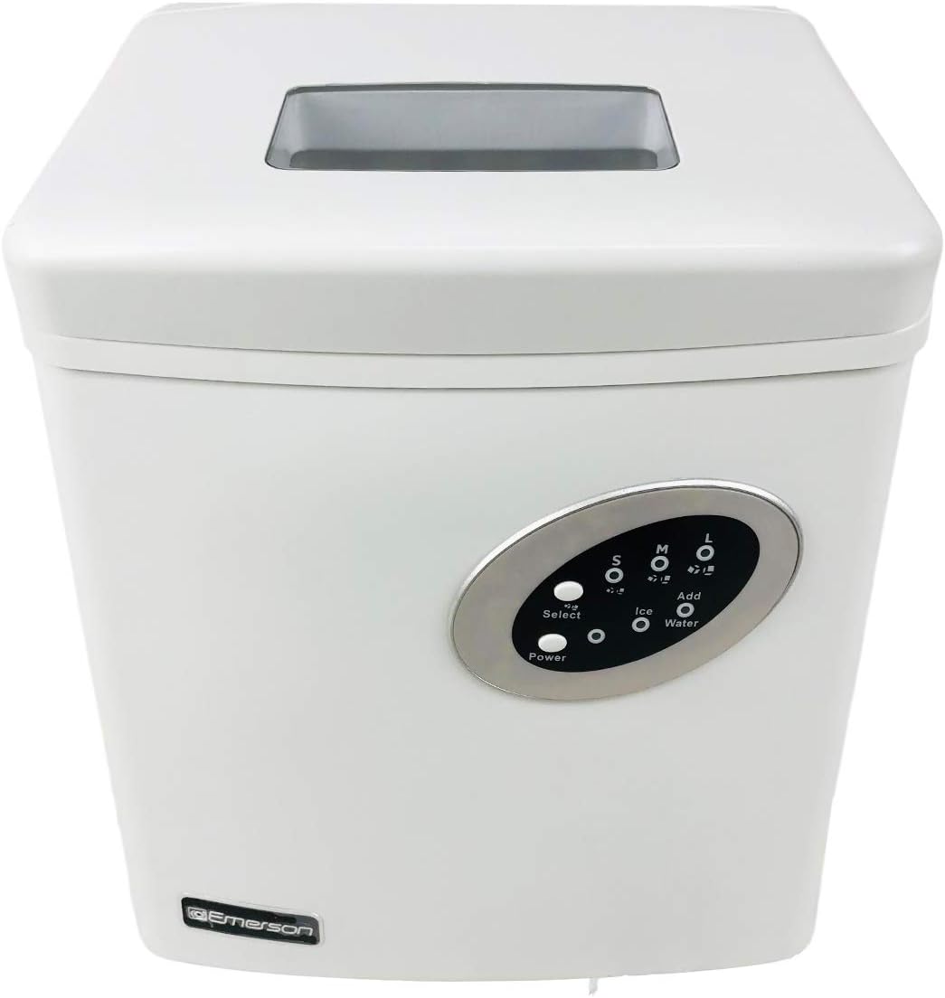 Emerson Portable Ice Maker White IM90WN & Three Different Sizes of Ice Cubes – Small/Medium/Large/LED indicators & Ice Making Capacity Up To 26Lb (Renewed)