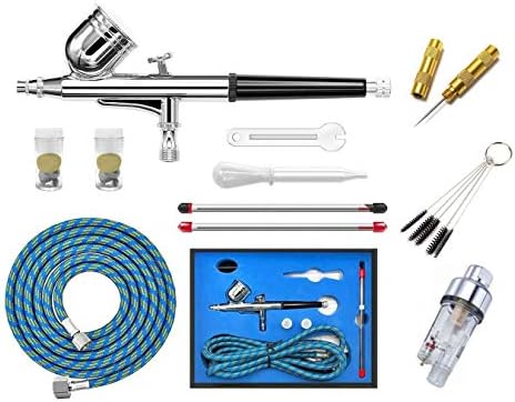ABESTProfessional 0.2mm .3mm .5mm Dual Action Airbrush Spray Paint Gun Kit Complete Set with Hose, Nozzle, Needle Air Filter Cleaning Set for Makeup, Tattoo, Hobby