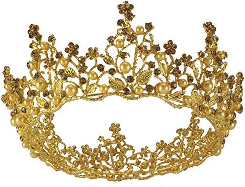 Stuff Gold Pearl Flowers Tiara Round Big Crown for Wedding Hair Jewelry Accessories