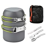 ECVILLA Kipoo Camping Mess Kit and Cookware Set - Cooking Picnic Bowl Pot Pan Set 2 Piece and Foldable Knife, Foldable Fork, Foldable Spoon