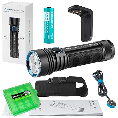 Olight Seeker 2 Pro USB Rechargeable 3200 Lumen LED Flashlight with Charging bracket, Olight Rechargeable Battery, and EdisonBright BBX4 cable carry case