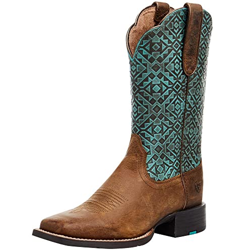 ARIAT Women’s Round Up Wide Square Toe Western Boot – Old Earth/Turquoise Blanket Emboss, 5.5 Medium