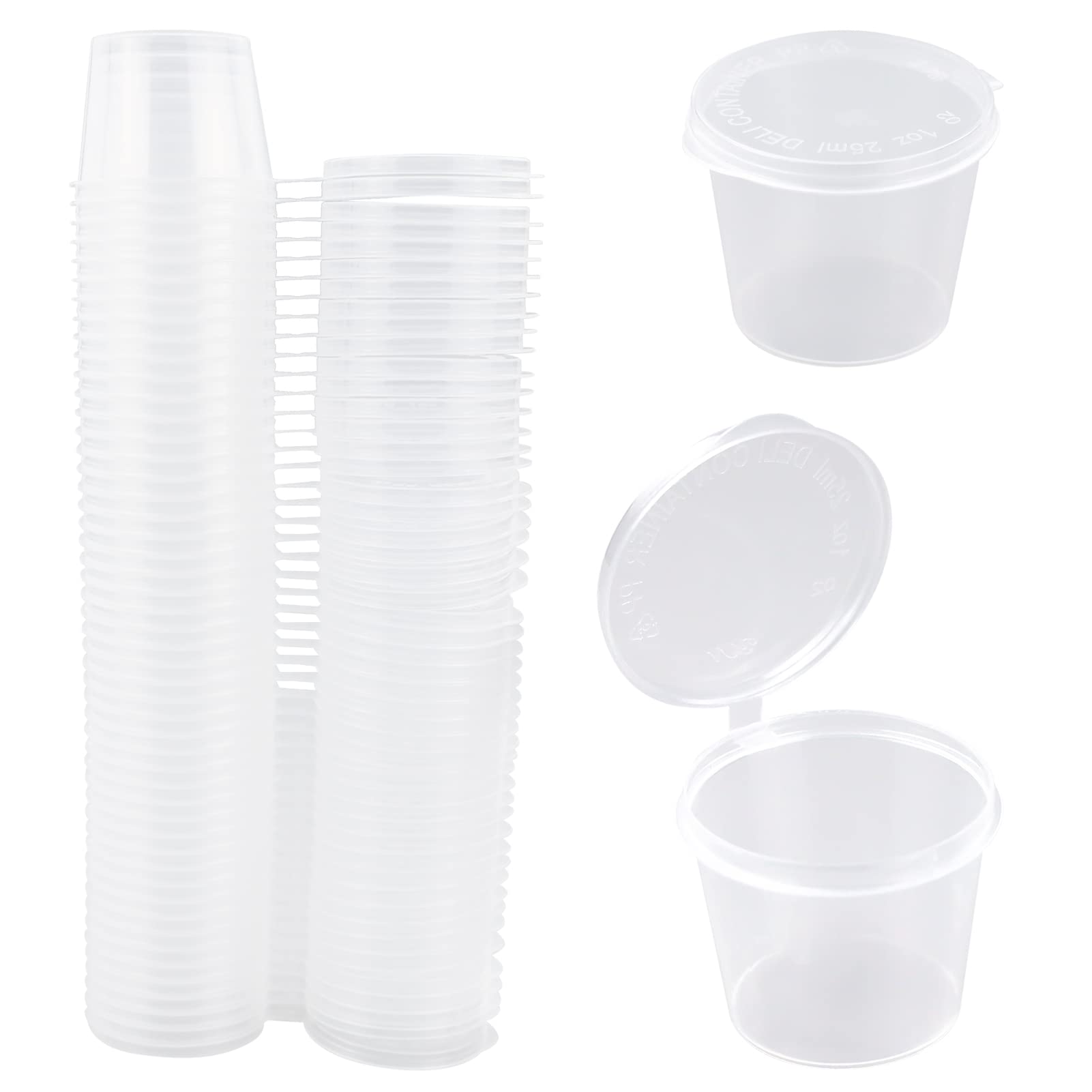 1oz Small Containers with Lids, 25ml Plastic Pots for Sauce Dips, Salads