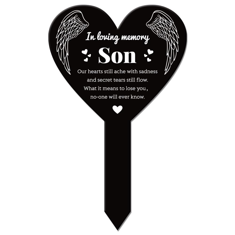 GLOBLELAND Heart Son Garden Memorial Remembrance Plaque for Cemetery - Acrylic Grave Stake Waterproof Sympathy Decor for Yard (Son)