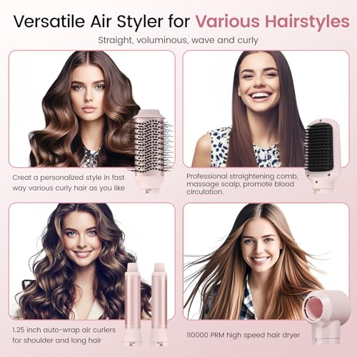 Hair Dryer Brush 5 in 1 Hair Styler, 110,000 RPM High-Speed Negative Ionic Hair Dryer, Auto Curl Frizz-Free Blow Dryer Brush for Curling Volumizing Straightening Styling