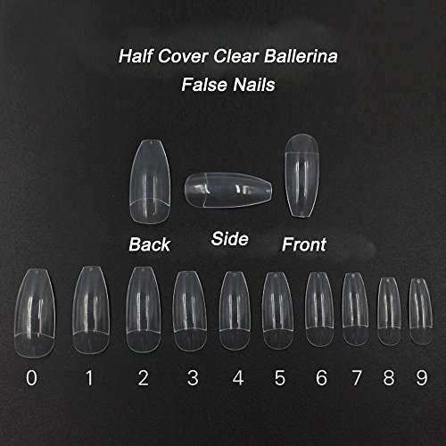 Coffin Nails 500pcs Half Cover Acrylic False Nail Tips Coffin Ballerina Nails 10 Sizes With Bag for Nail Salons and DIY Manicure(Half Cover, Clear)