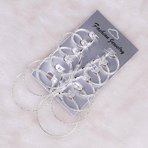 6 Pairs/Set Big Circle Hoop Earrings Women Steampunk Ear Clip Long Dangle Drop Earring (Silver)