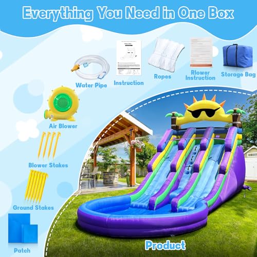 Inflatable Water Slide with Big Splash Pool, Water Slides Backyard Water Slide and Swimming Pool Summer Splash Party (Sun Glassess)
