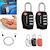 2 Pack Lumintrail TSA Approved All Metal International Travel Luggage 4 Digit Resettable Combination Lock with 4-ft Steel Cable for Suitcase and Baggage - Assorted Colors