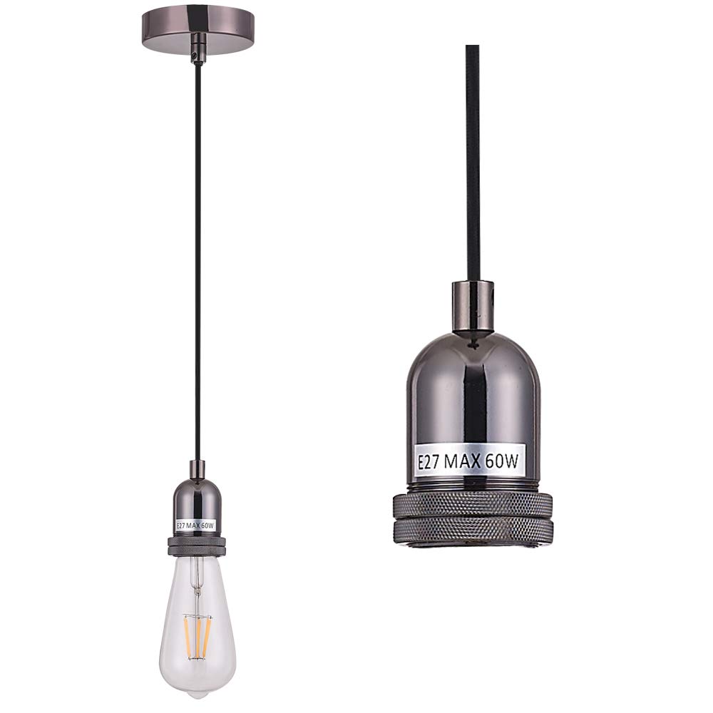 SHINY STAR Pendant Fitting Black Chrome Ceiling Light Fitting, Vintage Metal Ceiling Rose with Braided Flex Cable and Metal E27 Lamp Holder KIT Accessary HT201BNK