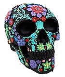 Atlantic Collectibles Day Of The Dead Black Multi Colored Floral Tattoo Skull Figurine 8.25