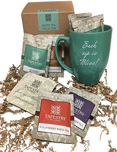 Exotic Tea Collection Gift Box Selection Premium Specialty Teas, Chamomile, Green, White, and Masala Chai, Tea Bag Packets, Tea Mug with Coaster