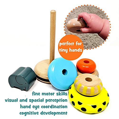 image for Orcamor Wooden Stacking Rings Toy with Elephant Topper - Montessori To