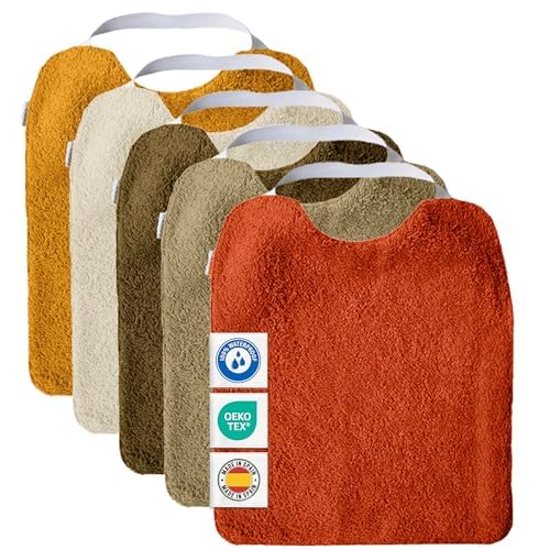 MIMUSELINA Set of 5 Waterproof Baby Bibs for BLW in Terry Cotton | Premium OEKO-TEX® Cotton | Baby Weaning Bib Set | Large Nursery Bibs with Elastic Neck | Handmade in Spain | Nature