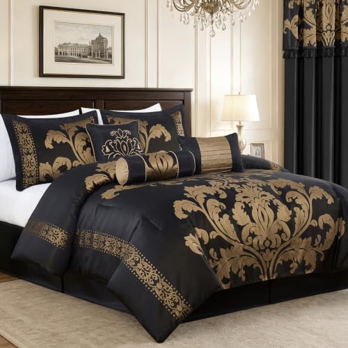 Chezmoi Collection 7-Piece Royale Jacquard Floral Comforter Set, Full/Double, Black/Gold