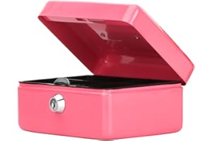 Small Cash Box with Key Lock, Decaller Portable Metal Money Box with Double Layer & 2 Keys for Security, Pink, 6" x 4 4/5" x 3 1/5", QH1506XS