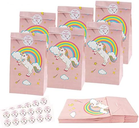 24pcs Unicorn Party Favor Bags + 24pcs Unicorn Stickers, Kids Paper Treat Gift Bag for Kids Birthday Party, Unicorn Themed Party Supplies