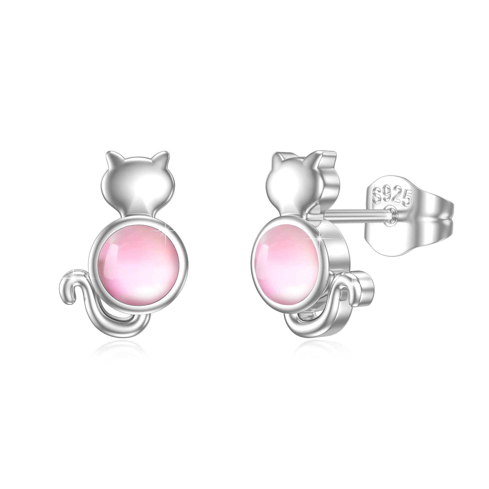 Moonstone Earrings 925 Sterling Silver Cat Earrings/Star and Moon/Penguin/Owl Earrings Moonstone Stud Earrings for Women Hypoallergenic Moonstone Jewelry Gift (Cat Eye)