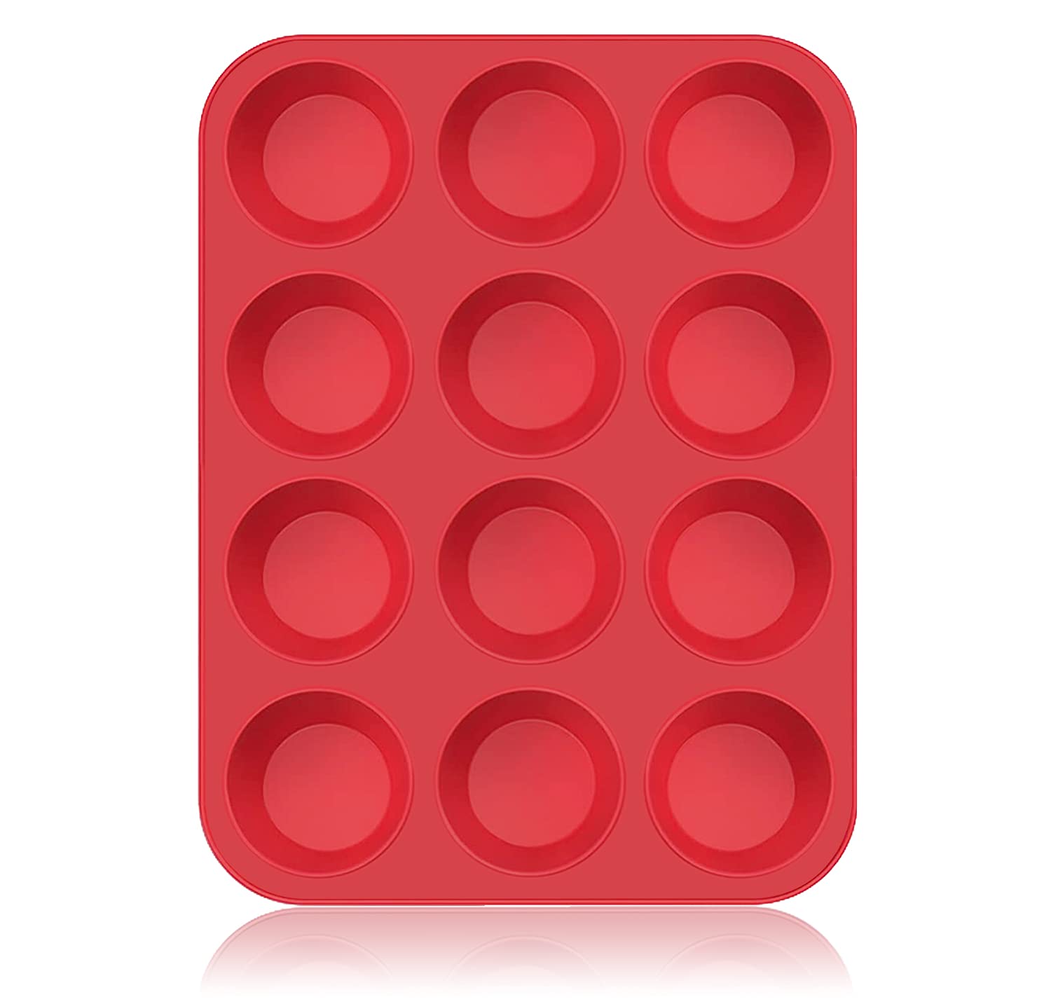 SUPER KITCHEN Large Muffin Tray 12 Cup Silicone Muffin Pan, Non-Stick Muffin Cupcake Tin, Baking Mould for Muffins or Cupcakes, Bakeware 33 x 25 x 3 cm (Red)
