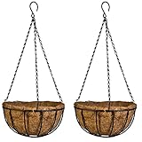 Kingbuy Hanging Basket Planter Metal with Coconut Coir Liner Wire Plant Holder with Garden Decorations for Porch Pots Hanger Garden Decoration Indoor Outdoor Watering Plant Flower Pot-10inch 2 Pack