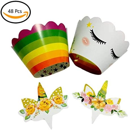 Unicorn Cupcake Toppers and Cupcake Wrappers - Double Sided Design - Unicorn Cupcake Decorations 48 Pcs (24 Wrappers + 24 Toppers)