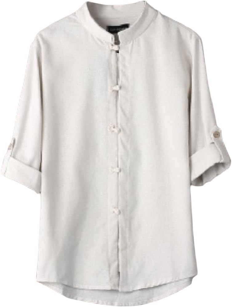 Godeyes Men's Linen Vintage 3/4 Sleeve China Style Solid Tee Shirts Tops