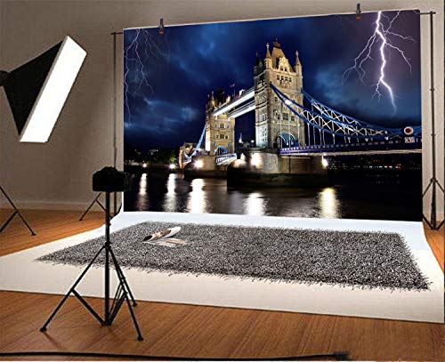 LFEEY 5x3ft Famous Tower Bridge of London Backdrop Vinyl Photography Background Tower Bridge in Storm Forked Lightning City Nightscape Backdrop Wallpaper Activity Background Photo Studio Props