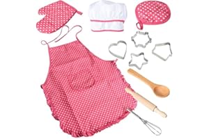 GATAIPHANS Acekid Chef Set for Kids,11pcs Kitchen Costume Role Play Kits, Girls Apron with Chef Hat,Cooking Mitt and Cookie Cutters (Rose red)
