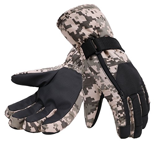 Winter Sports Waterproof Snowboard /Ski Gloves w/ Hidden Zip Pocket,Khaki Camo,L