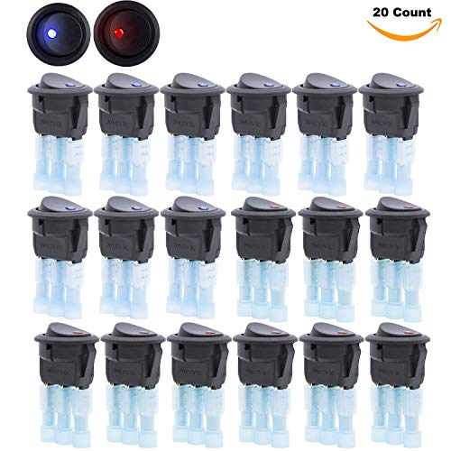 Gadgeter 20 Pcs DC 12V 20A Amps SPST On/Off/ 2 Position Terminal Round Rocker LED Toggle Switch Blue & Red with 60pcs Nylon Female Fully-Insulated Quick Disconnects Car Auto Boat Snap Switch