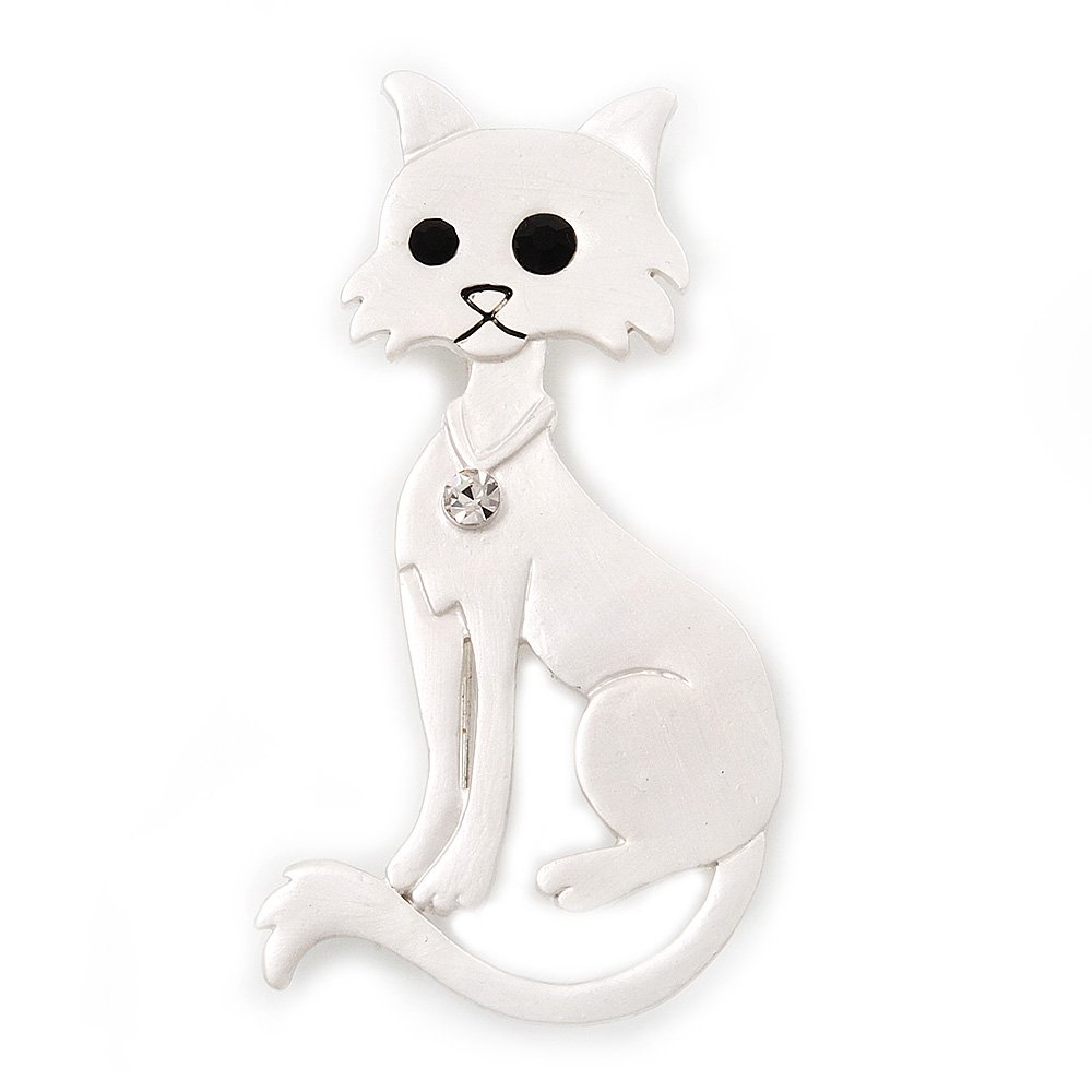 White Matte Enamel 'Cat' Brooch In Silver Tone Metal - 7cm Length