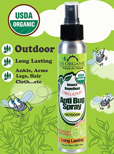 Organic mosquito repellent anti bug outdoor pump sprays by US Organic, 4 ounces, certified organic, proven results by lab testing, deet-free