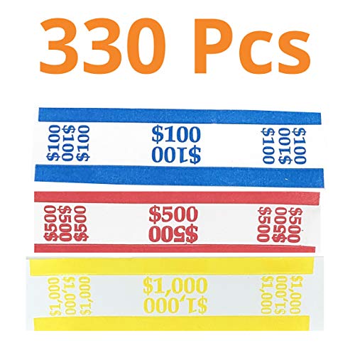 Money Bands Currency Sleeves Straps - Made in USA (Pack of 330) Self-Adhesive Assorted Money Wrappers for Bills Color Coded Wraps Meets ABA Standards, 7.5 x 1.25 inches - Counter Recyclable Kraft Pape