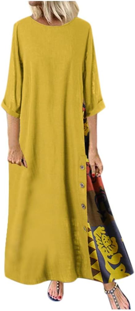 Weant Women's Summer Dress Casual Patchwork Maxi Long Dress Holiday Beach Sundress for Ladies Fashion Vintage 3/4 Sleeve Kaftan Dress Tunic Shirts Blouse Top Dress