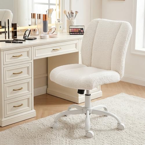 KRAMZMING Vanity Chair with Wheels, Cute Desk Chair with Back, Armless Office Chair Height Adjustable, Soft Lumbar Support for Small Space, Bedroom, Make-up Room（White）