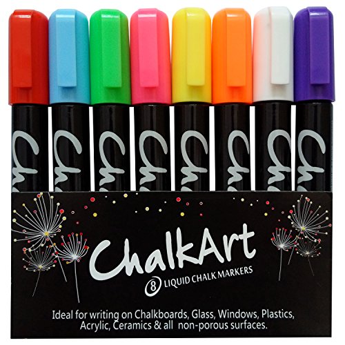 Chalk Markers for Chalkboard by ChalkArt (5 mm Reversible bullet & chisel Tip) - Erasable Dustless Water-Based Non-Toxic Liquid Wet Erase Pens- ONLY SUITABLE FOR NON POROUS SURFACES