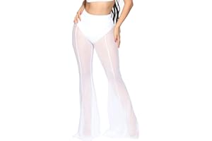 MANJIAMEI Women's See Through Mesh Pants, High Waist Wide Leg Trousers, Cover up Sheer Beach Pants Bikini Bottoms Swimsuit