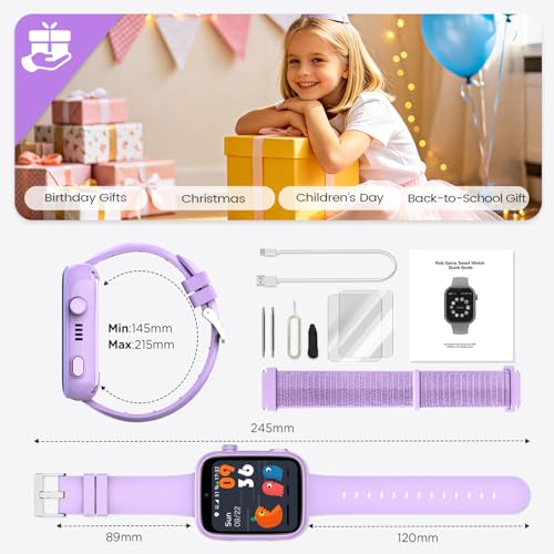 SWGOTA Children's Smartwatch, 4G Smart Watch Phone & GPS, Voice Chat/WhatsApp/SOS/SMS/WiFi/IP68 Waterproof/School Mode/5 Sports/Pedometer, Smart Watch Boys/Girls Purple, Gift