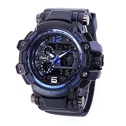 Mens Digital Sport Watches Military Analog Dual Time Waterproof Multifunctinal LED Quartz Watches Dark Blue