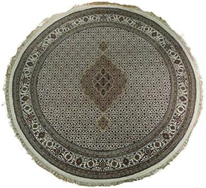 7x7 Round Ivory Mahi Fish Wool & Silk Traditional Dense Hand-Knotted Area Rug