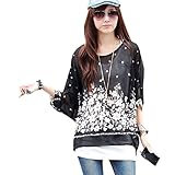 Lowpricenice Lady Batwing Sleeve Chiffon Shirt Bohemian Floral Oversized Blouse (L, Black)
