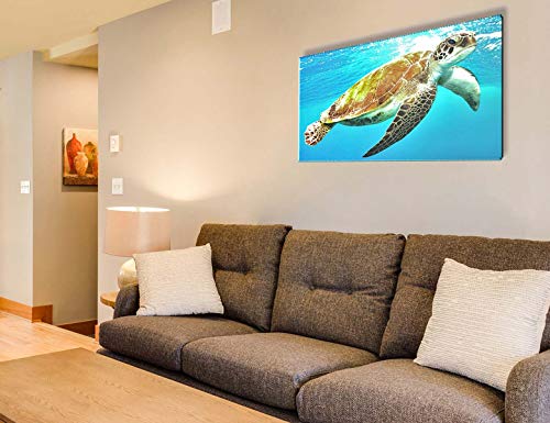 Wall Art Big Brown Turtle Painting Printed on Canvas Sea Animal Swimming Leisurely Underwater Picture Print Decor Artwork Easy Hang for Home Decoration