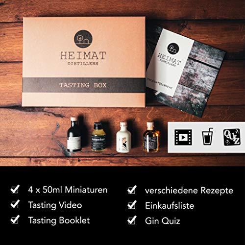 HEIMAT Gin Tasting Set Box (4 x 50ml) Probierset Mini Dry Gin, Barrel Aged Gin, Vogelfrei (alkoholfrei) & Ingefaer Ingwer-Schnaps - Gin Geschenkset mit exklusivem Home-Tasting-Video – Bild 7
