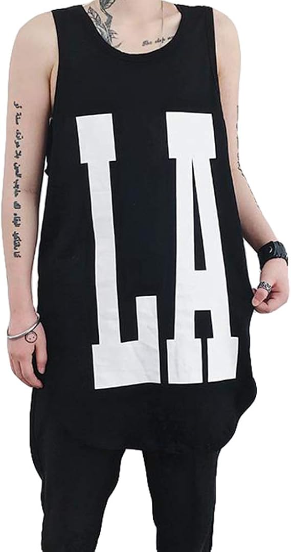 Amazon Ksila タンクトップ メンズ ゆったり ノースリーブ Tシャツ ロング丈 英字柄 ファッション ビッグtシャツ ストリート系 ダンス 夏服 オーバーサイズ タンクトップ 通販