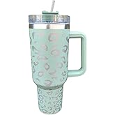 Lashicorn 40 Oz. Tumbler with Handle and Straw Mint Light Green Blue Leopard Silver 10” tall Cup lid included Insulated Stainless Steel Vacuum Travel Mug Boutique Cheetah Print